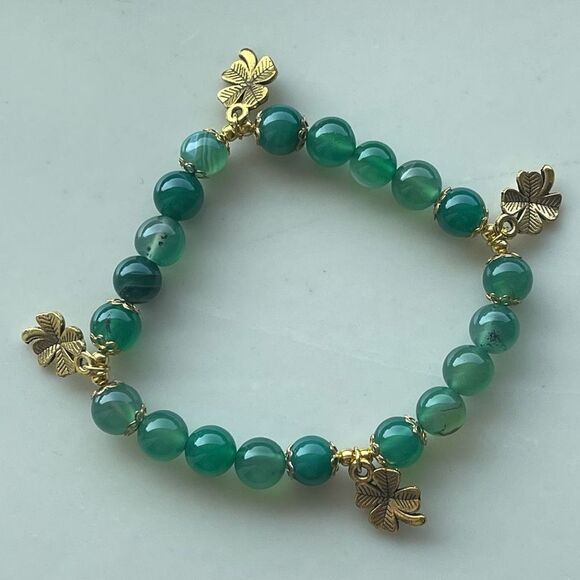 Green dyed agate 4 leaf clover ONE stretch bracelet NEW beaded reiki meditation - Picture 10 of 13
